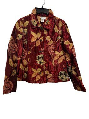Coldwater Creek Red Floral Velvet Button-Up Jacket M Polyester Rayon